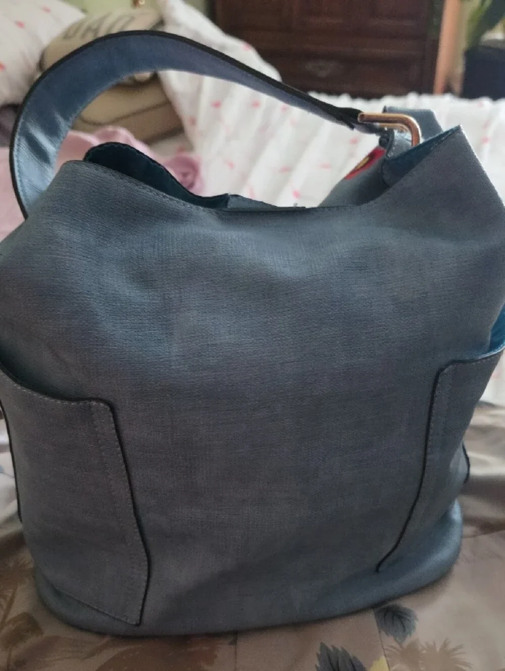 Source Unknown Blue Embroidered Floral Shoulder Tote